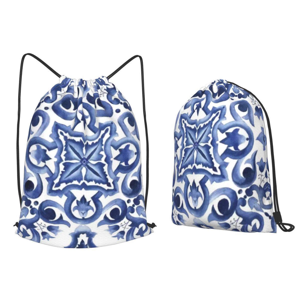 Blue Ornate Floral Mediterrane - Tile Bag Drawstring avaliação e preço