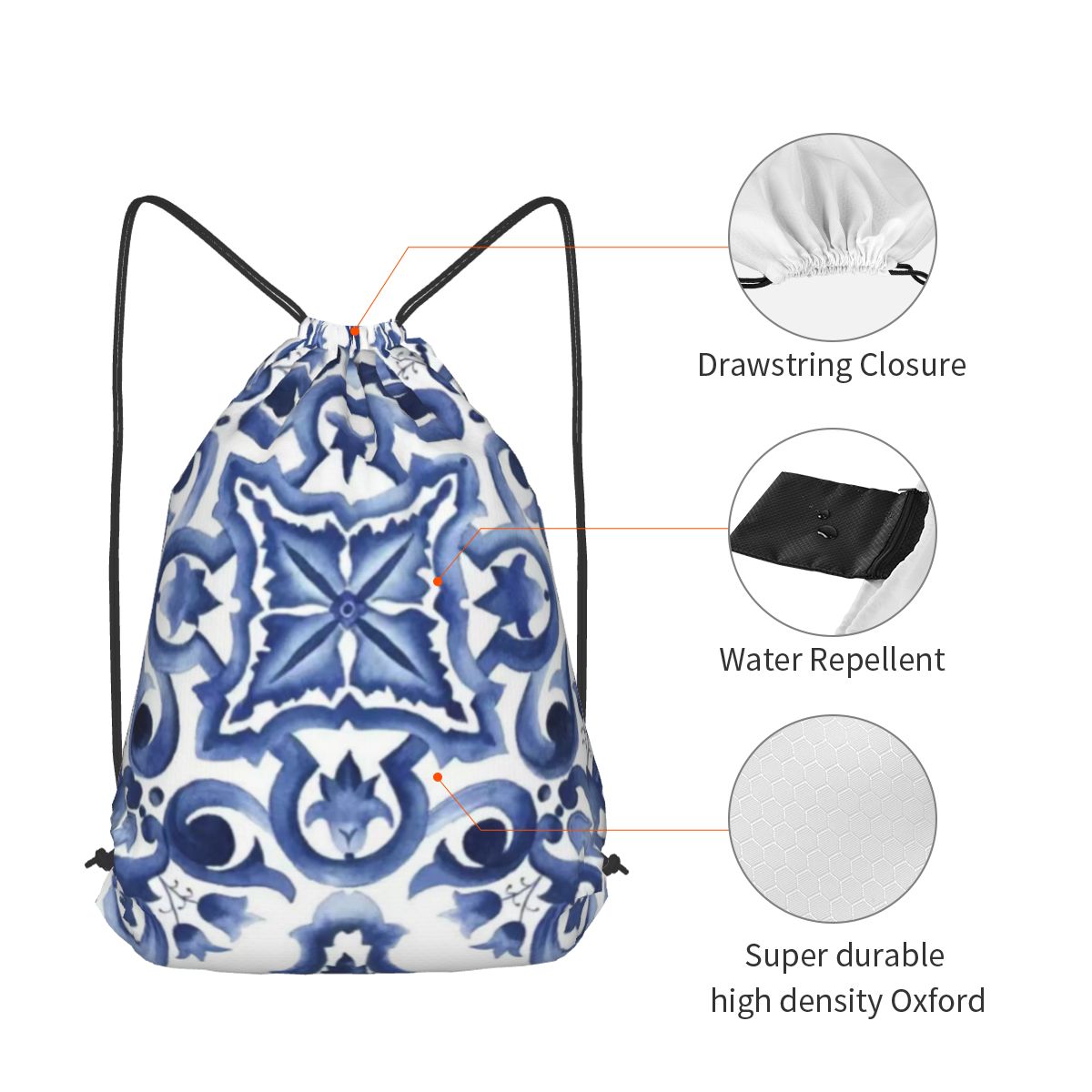 Blue Ornate Floral Mediterrane - Tile Bag Drawstring avaliação e preço