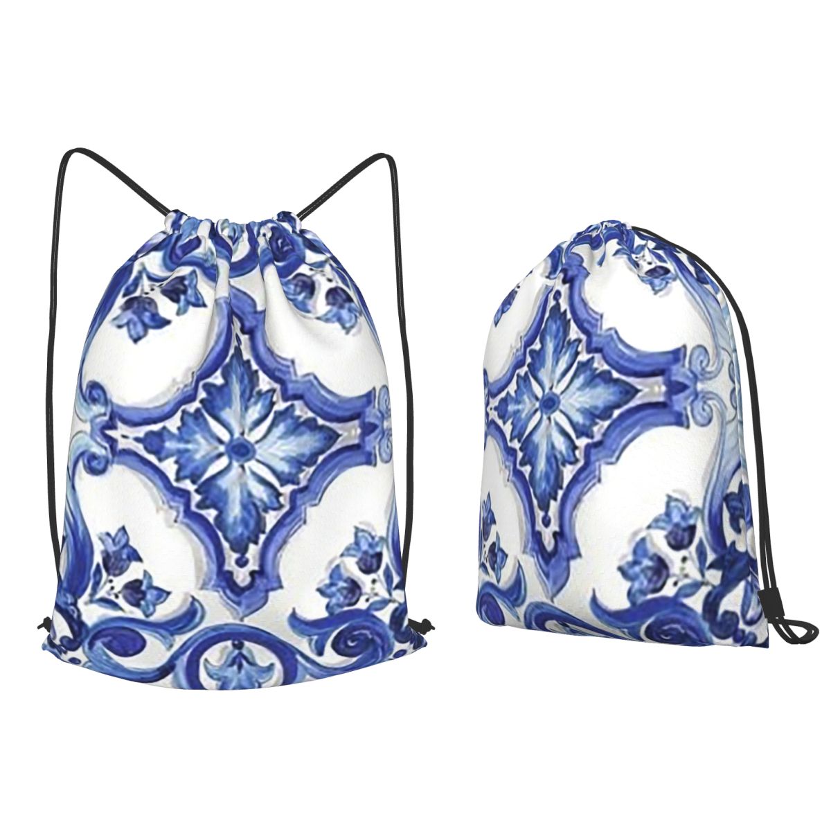 Blue Ornate Floral Mediterrane - Tile Bag Drawstring avaliação e preço