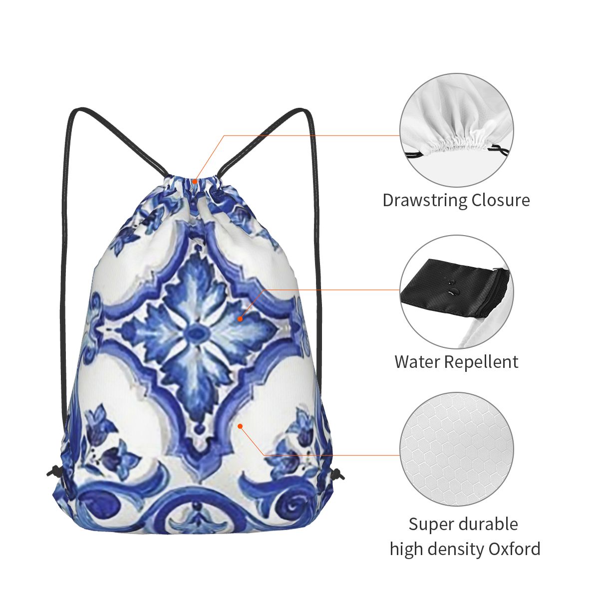 Blue Ornate Floral Mediterrane - Tile Bag Drawstring avaliação e preço
