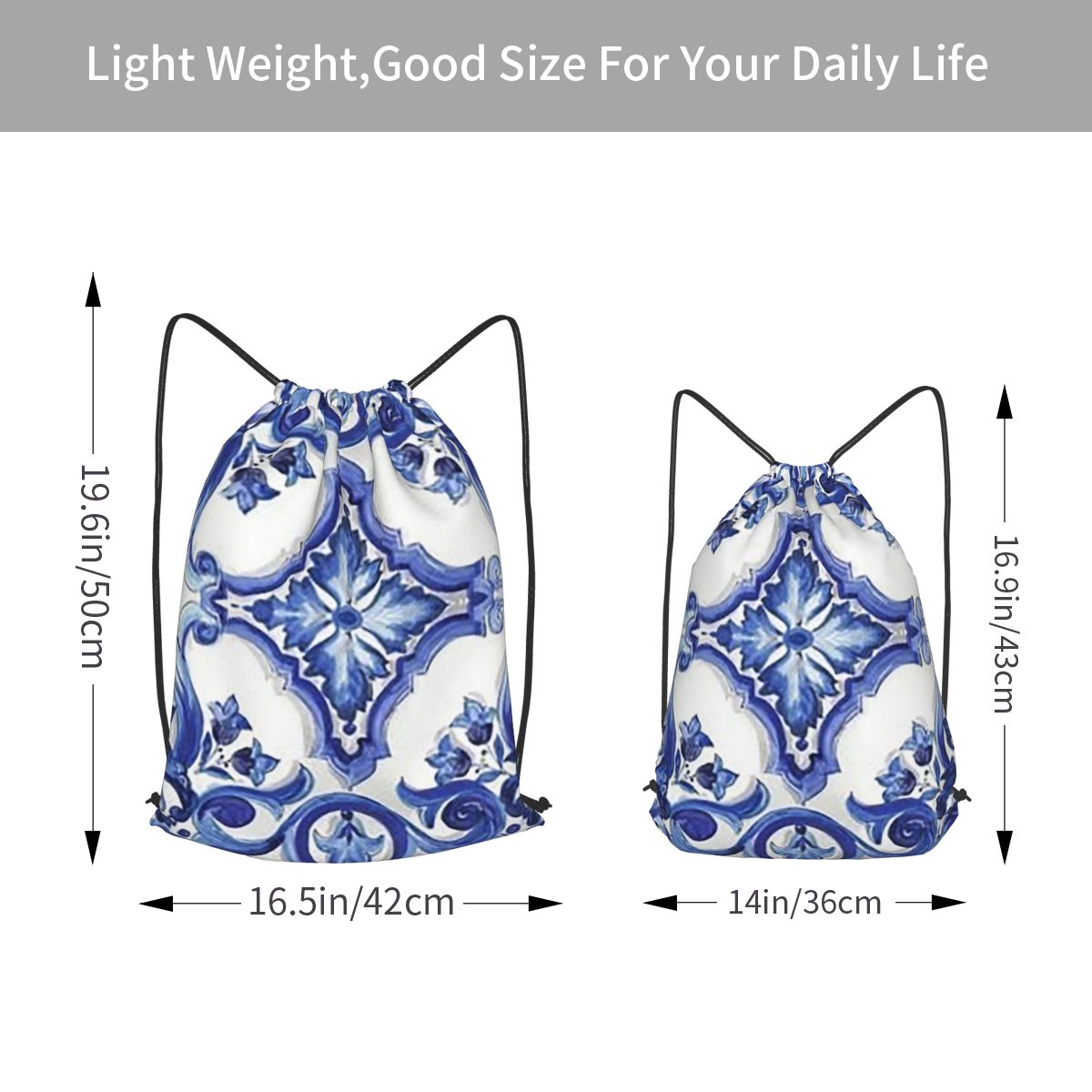 Blue Ornate Floral Mediterrane - Tile Bag Drawstring avaliação e preço