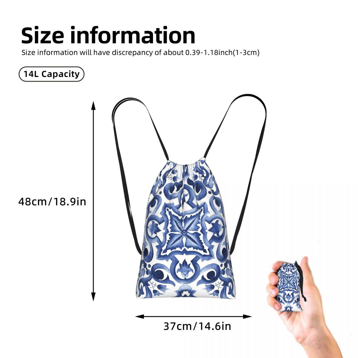 Blue Ornate Floral Mediterrane - Tile Bag Drawstring avaliação e preço