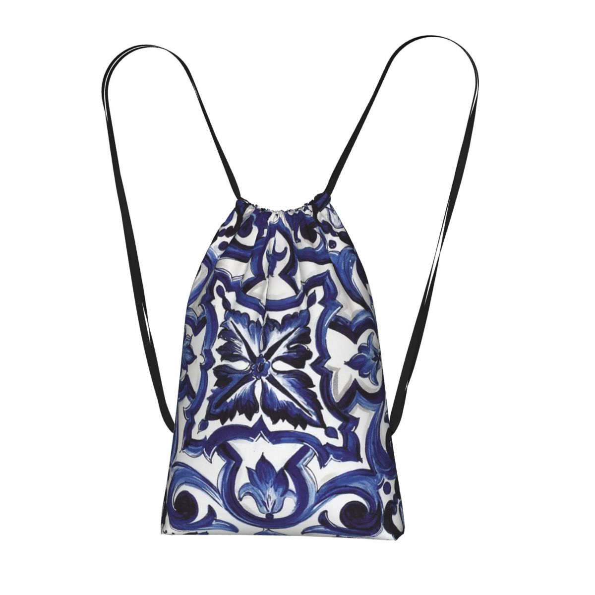 Blue Ornate Floral Mediterrane - Tile Bag Drawstring avaliação e preço