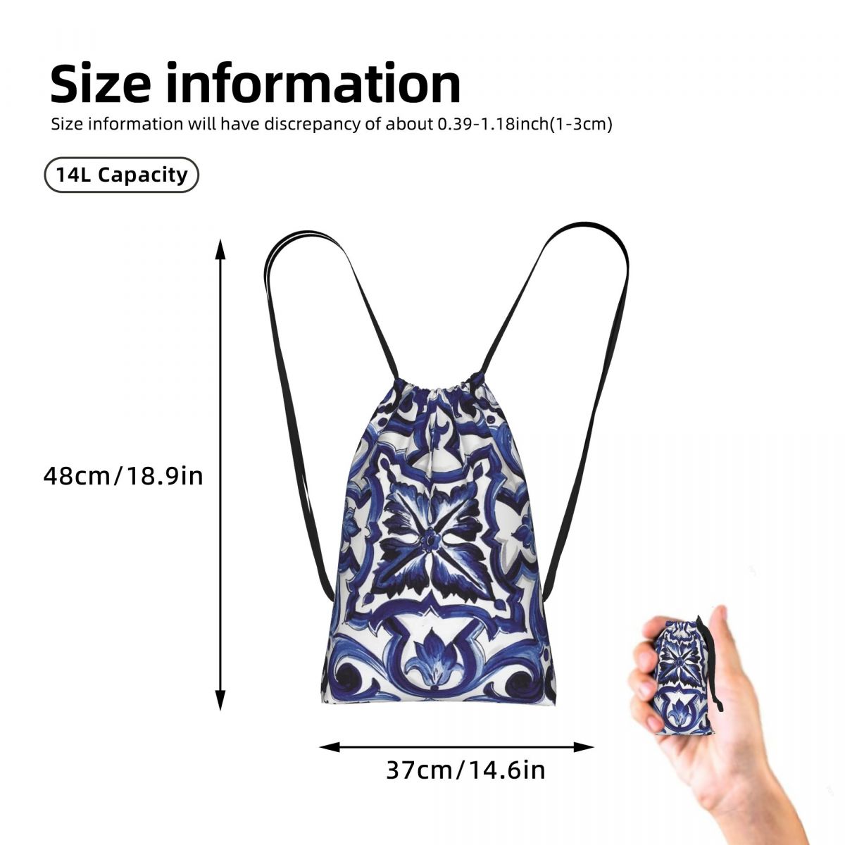 Blue Ornate Floral Mediterrane - Tile Bag Drawstring avaliação e preço