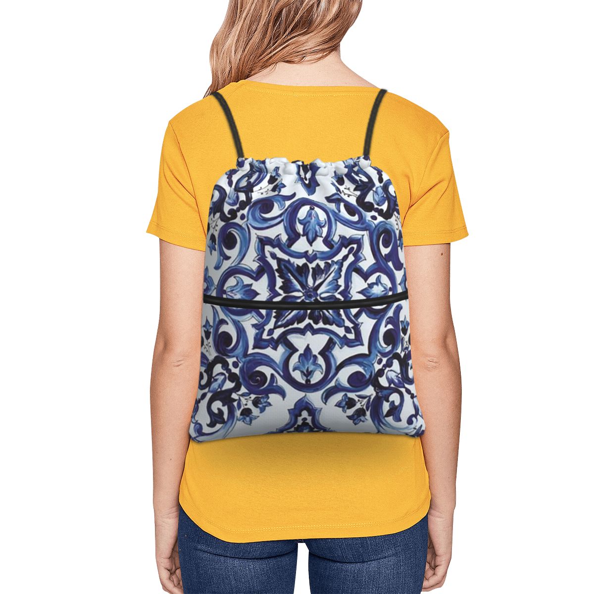 Blue Ornate Floral Mediterrane - Tile Bag Drawstring avaliação e preço