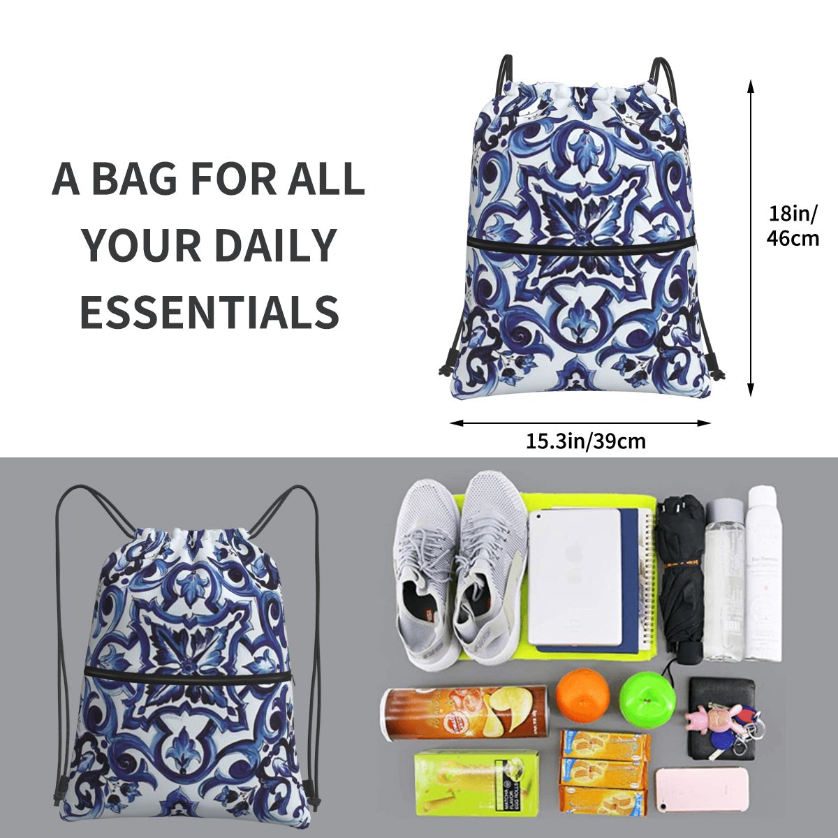 Blue Ornate Floral Mediterrane - Tile Bag Drawstring avaliação e preço