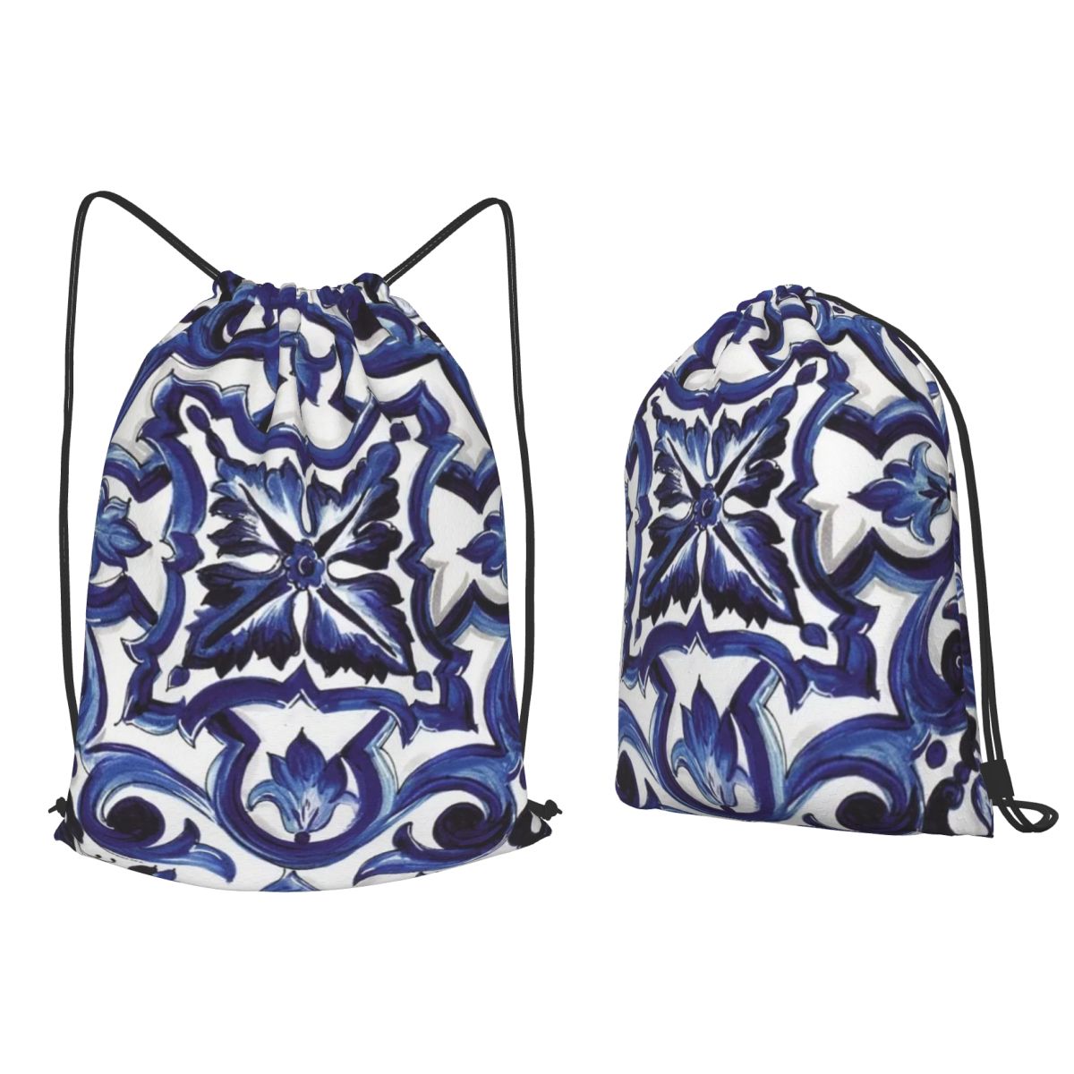 Blue Ornate Floral Mediterrane - Tile Bag Drawstring avaliação e preço