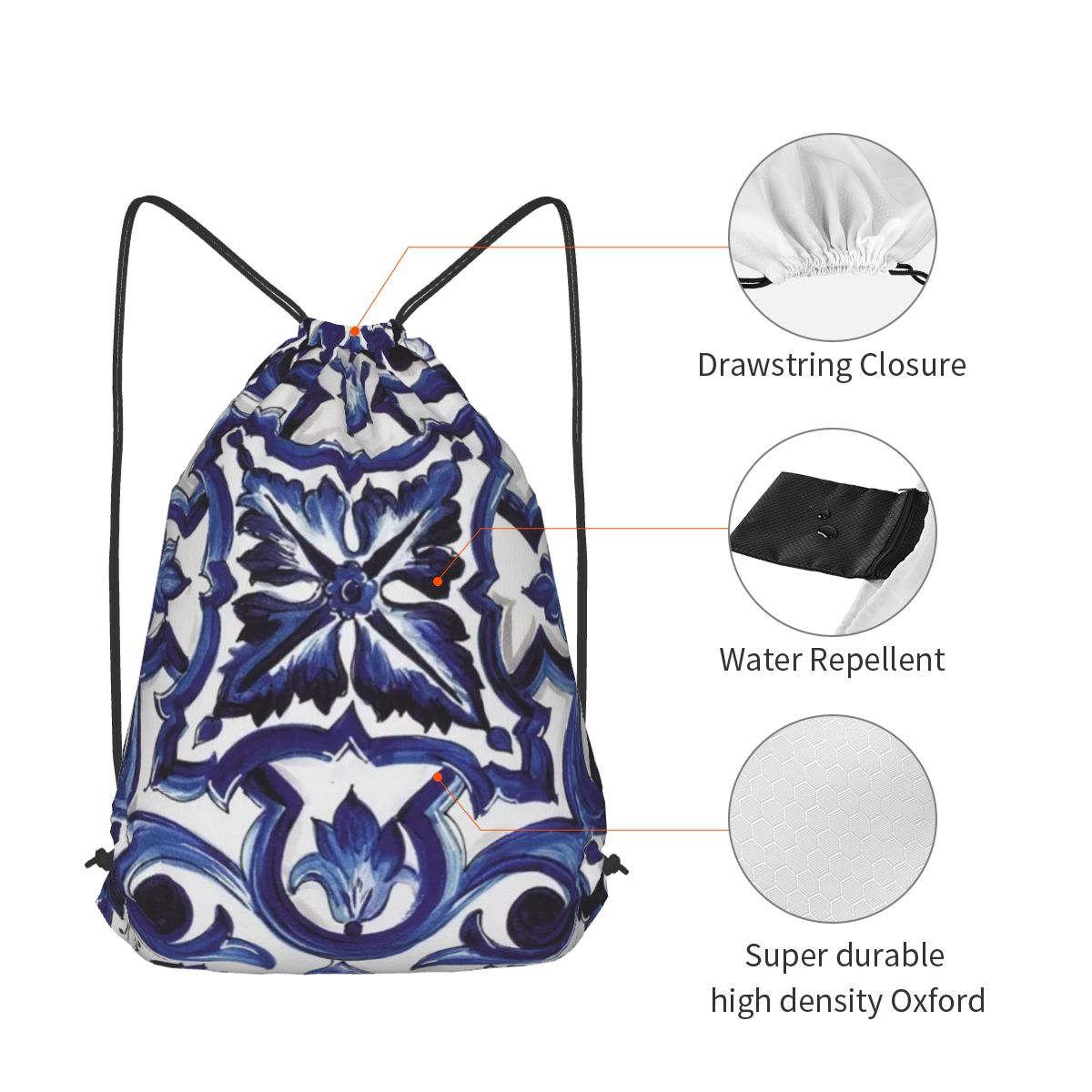 Blue Ornate Floral Mediterrane - Tile Bag Drawstring avaliação e preço