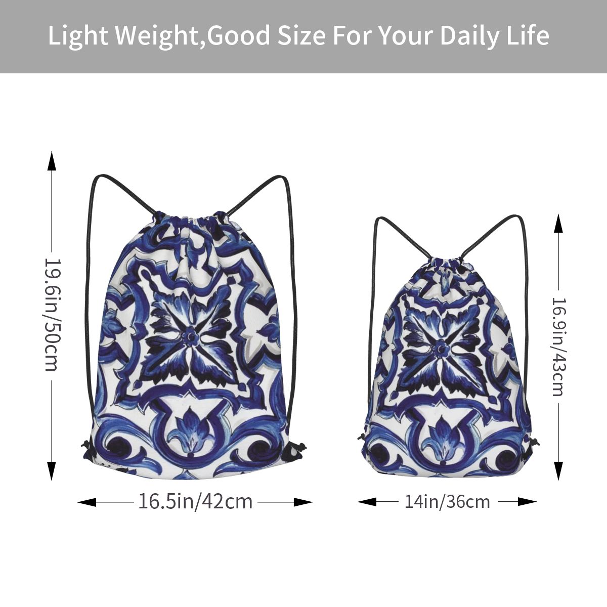 Blue Ornate Floral Mediterrane - Tile Bag Drawstring avaliação e preço