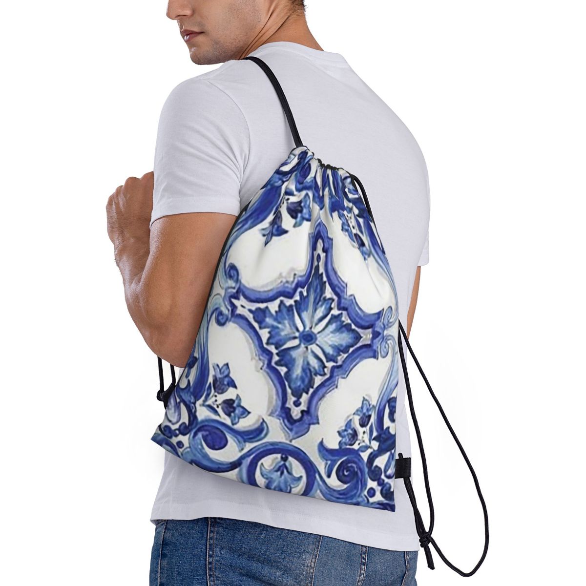 Blue Ornate Floral Mediterrane - Tile Bag Drawstring avaliação e preço