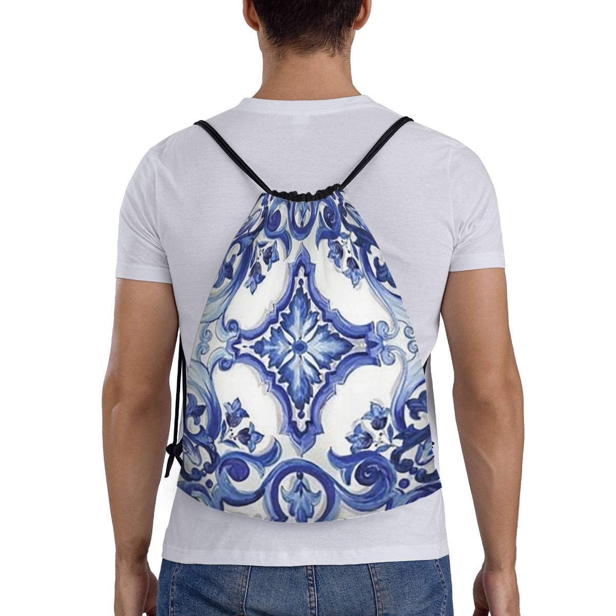 Blue Ornate Floral Mediterrane - Tile Bag Drawstring avaliação e preço
