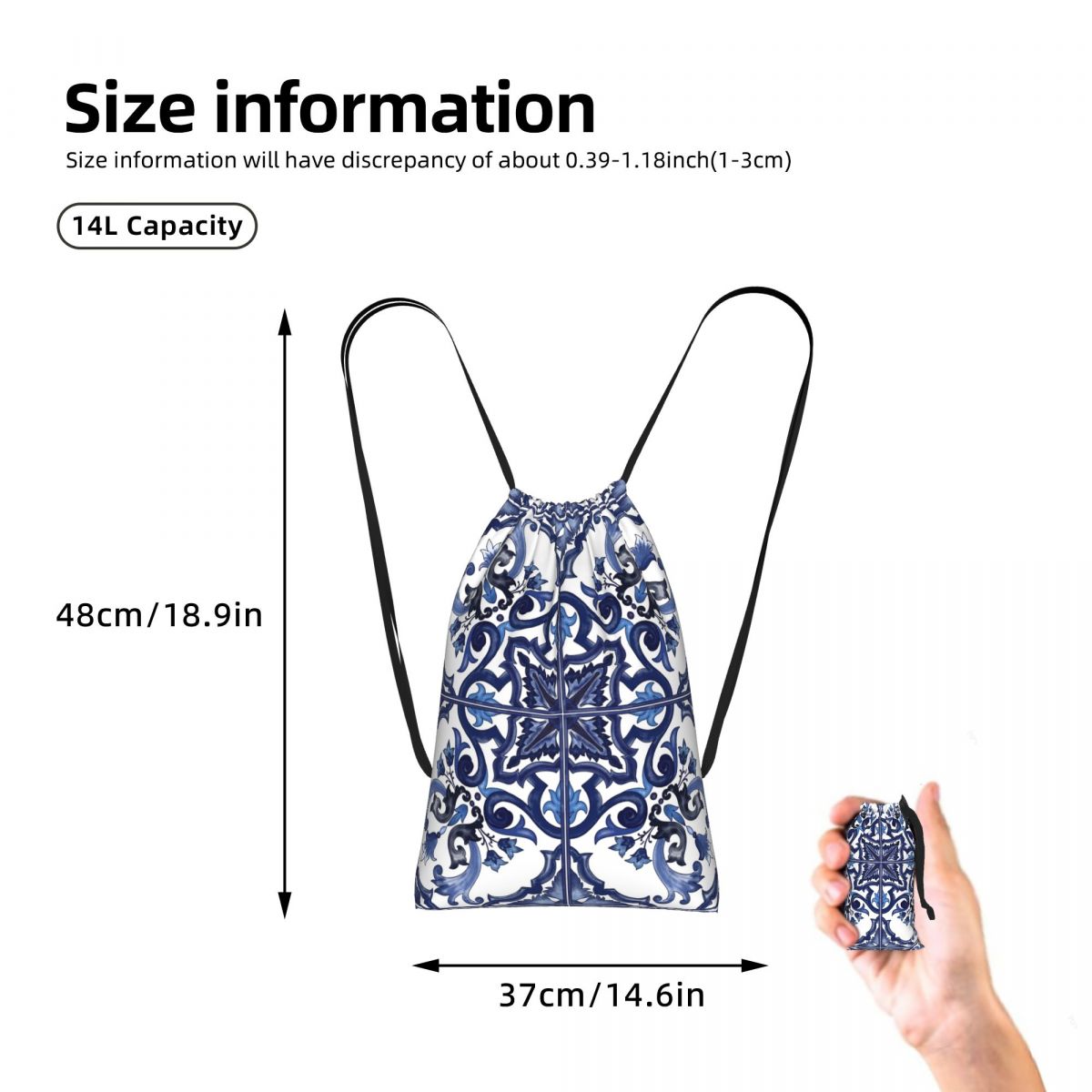 Blue Ornate Floral Mediterrane - Tile Bag Drawstring avaliação e preço