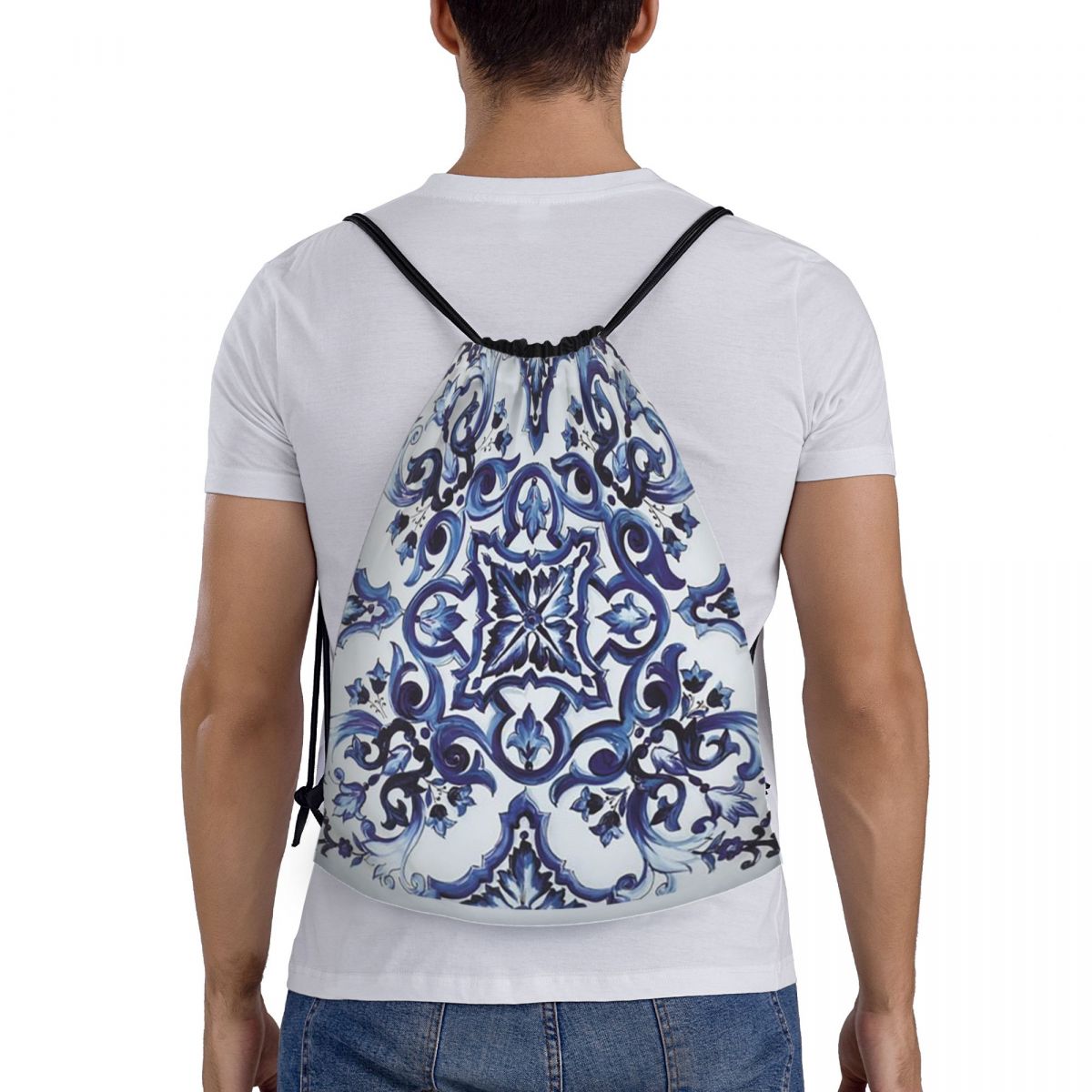 Blue Ornate Floral Mediterrane - Tile Bag Drawstring avaliação e preço