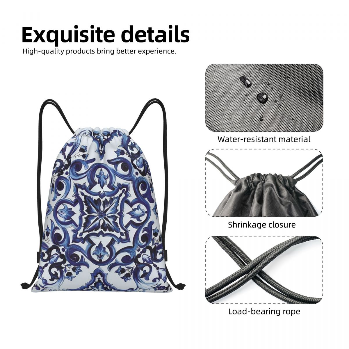 Blue Ornate Floral Mediterrane - Tile Bag Drawstring avaliação e preço