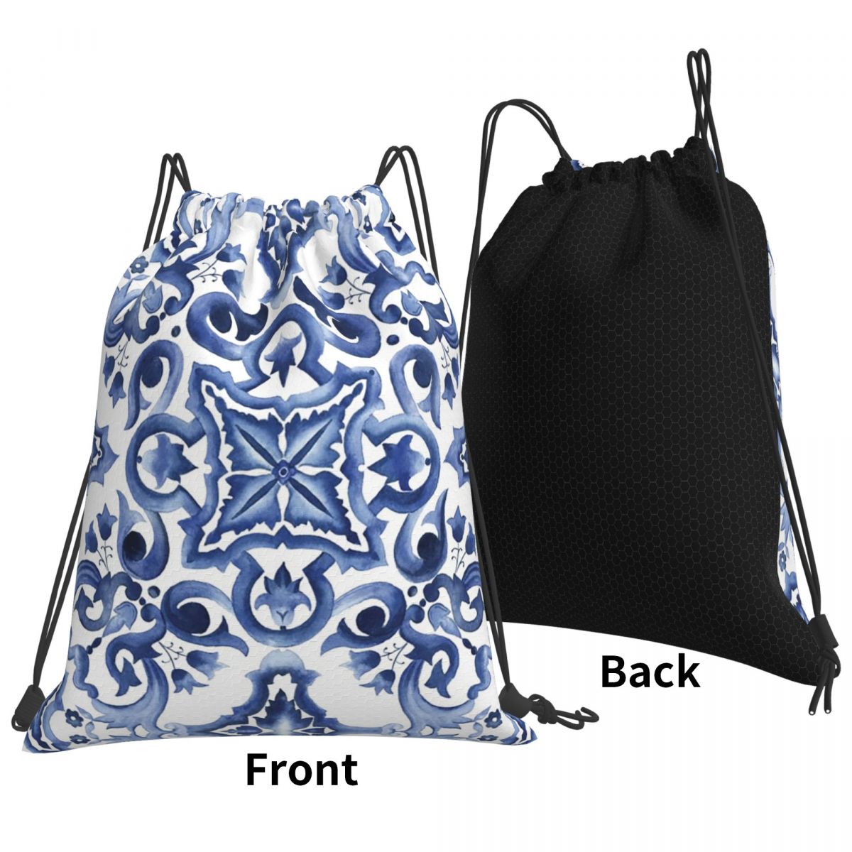 Blue Ornate Floral Mediterrane - Tile Bag Drawstring avaliação e preço