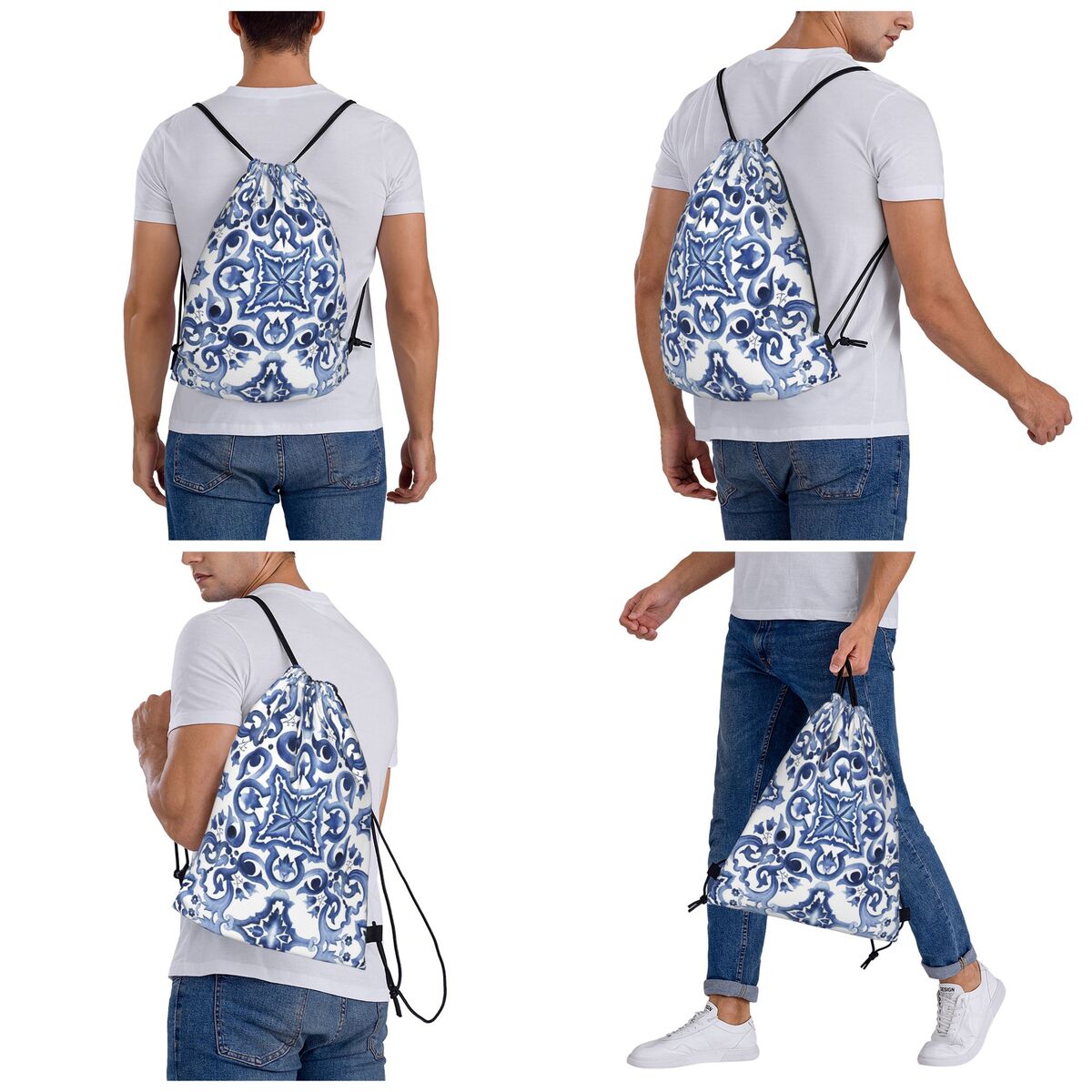 Blue Ornate Floral Mediterrane - Tile Bag Drawstring avaliação e preço