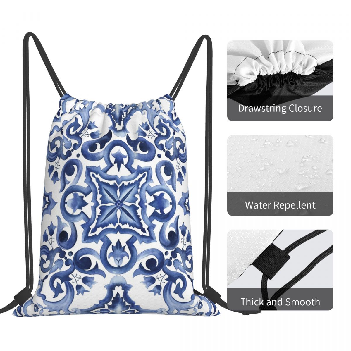 Blue Ornate Floral Mediterrane - Tile Bag Drawstring avaliação e preço