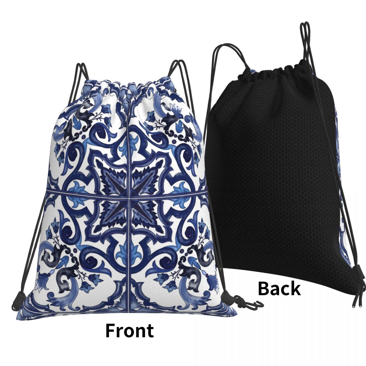Blue Ornate Floral Mediterrane - Tile Bag Drawstring avaliação e preço