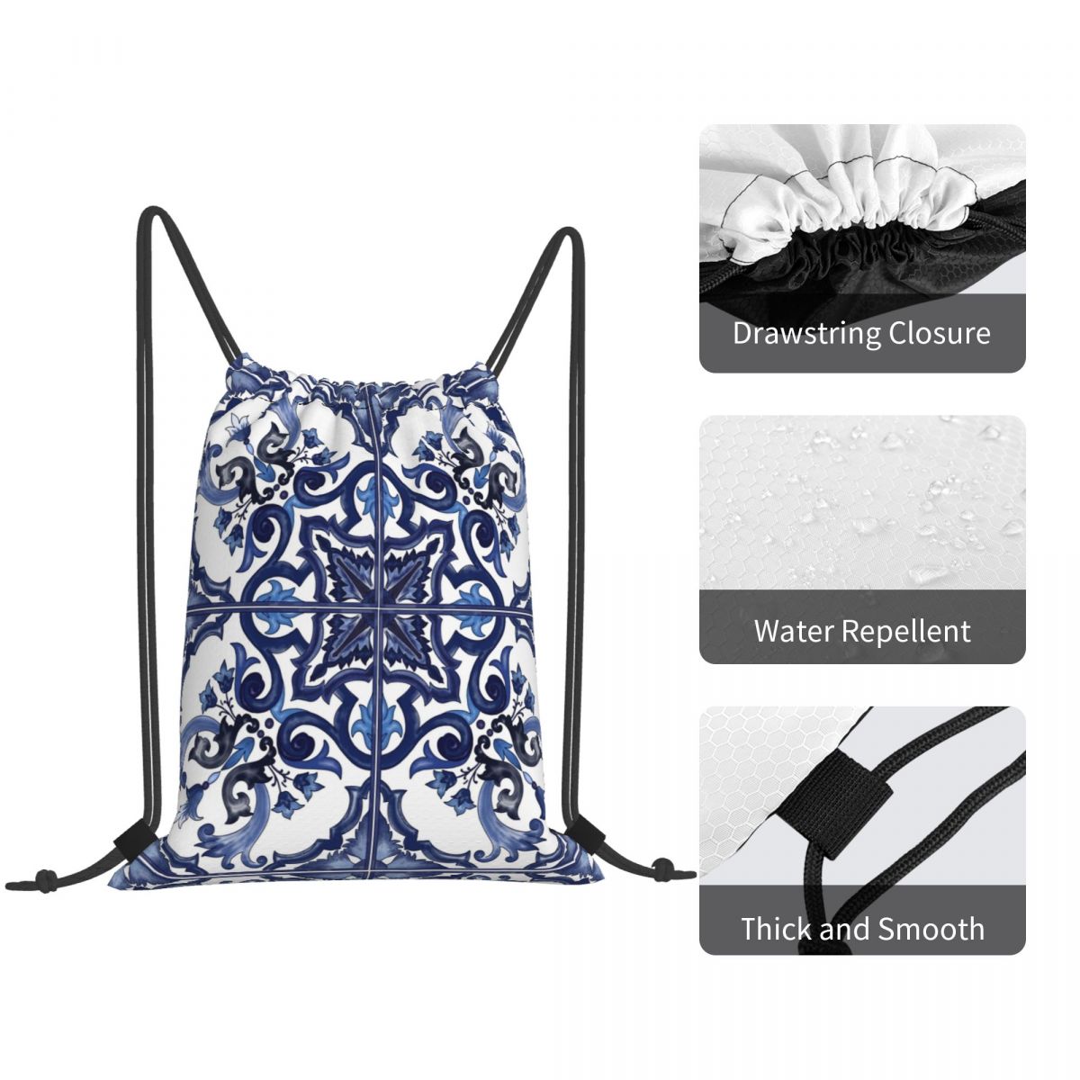 Blue Ornate Floral Mediterrane - Tile Bag Drawstring avaliação e preço
