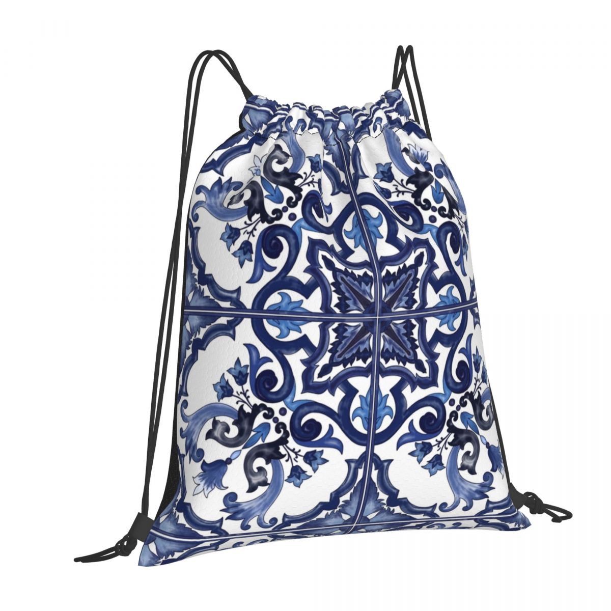 Blue Ornate Floral Mediterrane - Tile Bag Drawstring avaliação e preço