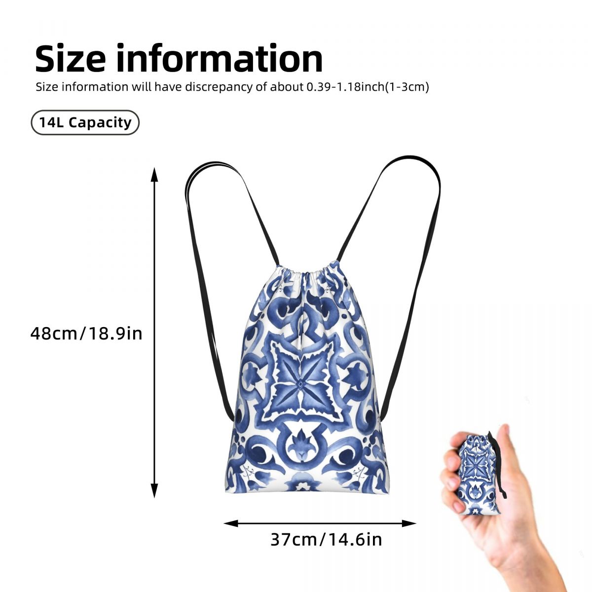 Blue Ornate Floral Mediterrane - Tile Bag Drawstring avaliação e preço